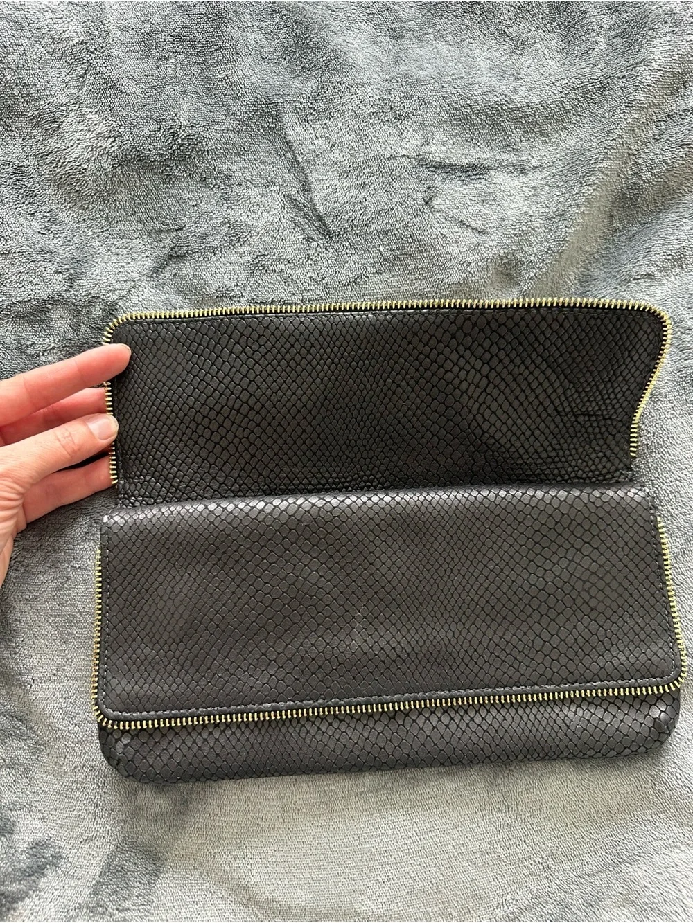 Lauren Merkin Black Snake Embossed Leather Foldover Clutch Gold Zip